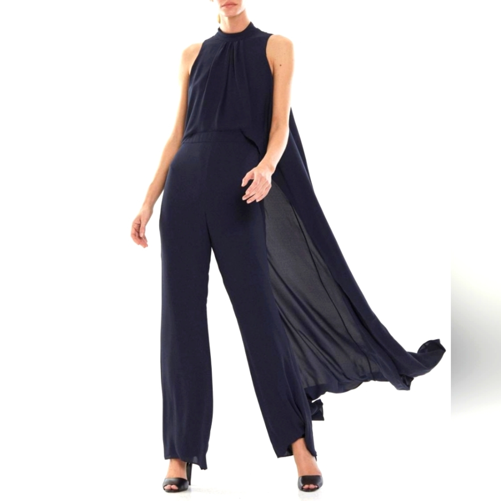 HALSTON Alice mock neck draped chiffon wide-leg jumpsuit navy nwt